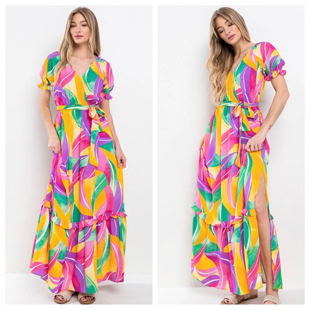34 Boho Multi Color Print Tiered Maxi Dress - Picture 2 of 3